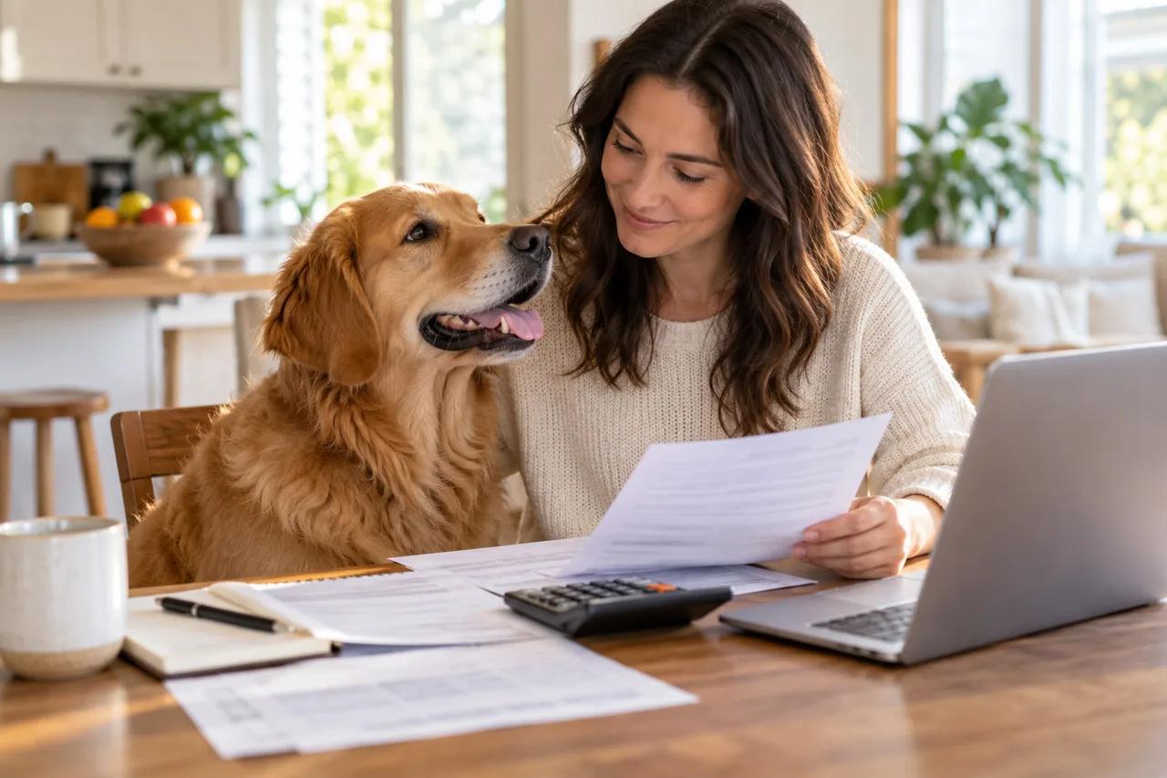 Owner examining paperwork beside a dog